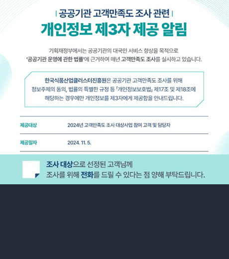 공공기관 고객만족도 조사 관련 개인정보 제 3자 제공알림 기획재정부에서는 공공기관의 대국민 서비스 향상을 목적으로 공공기관 운영에 관한 법률에 근거하여 매년 고객만족도 조사를 실시하고 있습니다. 한국 식품산업클러스터진흥원은 공공기관 고객만족도 조사를 위해 정보주체의 동의 법률의 특별한 규정 등 개인정보보호법 제 17조 및 제 18조에 해당하는 경우에만 개인정보를 제 3자에게 제공함을 알려드립니다. 제공대상 2024년 고객만족도 조사 대상사업 참여 고객 및 담당자 제공일자 2024.11.5 조사대상으로 선정된 고객님께 조사를 위해 전화를 드릴수있다는 점 양해부탁드립니다.